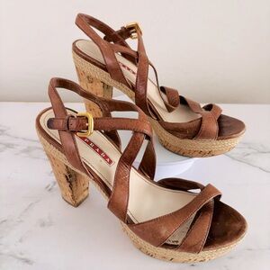 Prada Authentic Women’s Brown Strappy Sandals Cork Style Heel Size IT 38 or US 8